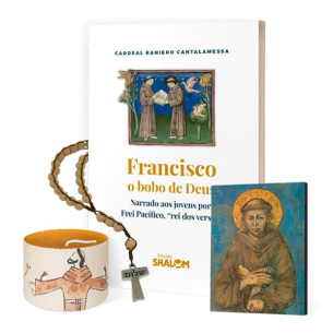 Francisco, o bobo de Deus + Ícone São Francisco de Assis - A6 + Vela São Francisco 5 cm + Rosário Tau